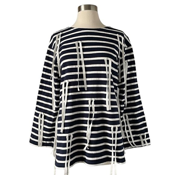 Goen.J Ribbon Stripe Top Small Navy White Oversized Cotton Blouse - Picture 2 of 8